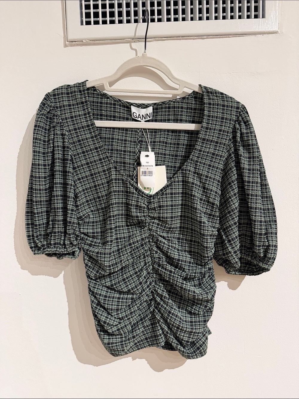 Ganni Green and Black Plaid Ruched V-Neck Puff Sleeve Top, 38
